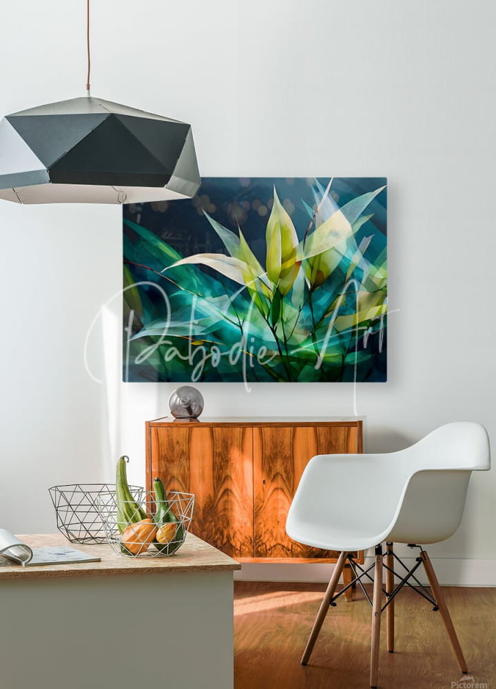 A modern abstract canvas painting titled geometric bamboo with vibrant green and teal leafy forms on a dark background