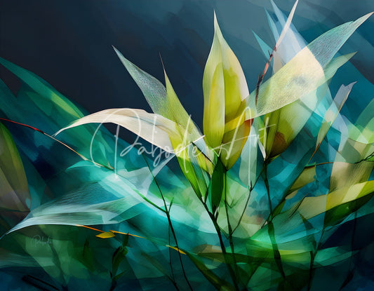 Abstract digital artwork titled geometric bamboo featuring translucent layered green and yellow leaves on dark teal background