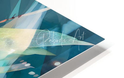 A modern abstract art print titled geometric bamboo with layered teal green and white geometric shapes