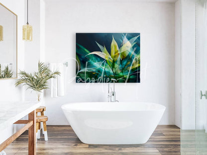 A vibrant abstract geometric bamboo painting with green and yellow foliage on teal background above a bathtub wall