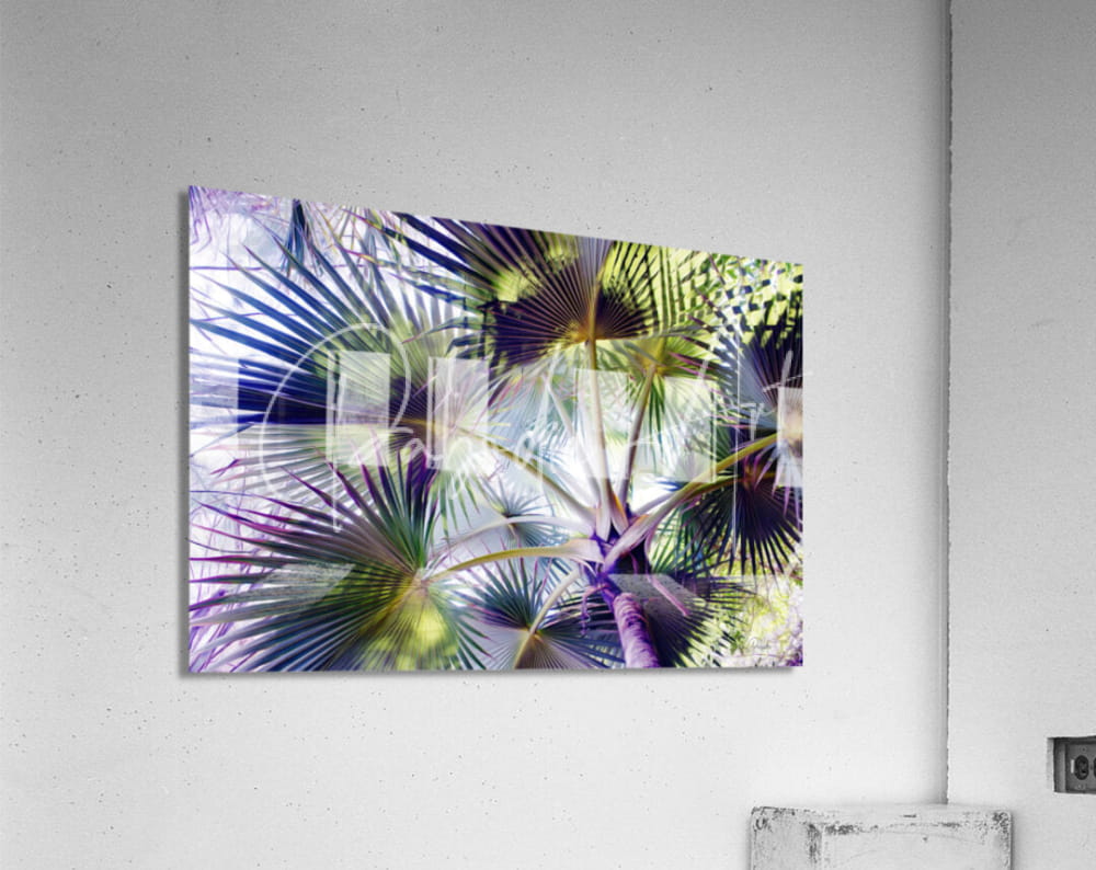 Vibrant tropical palm leaf artwork on a sleek acrylic wall hanging titled Glorious Palms in vivid green tones