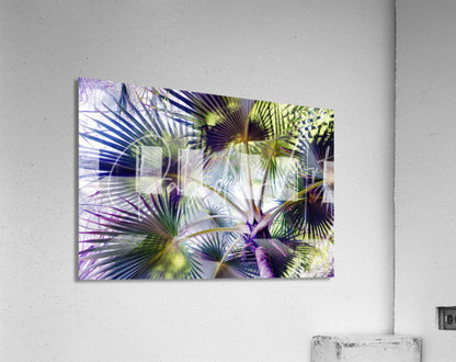 Vibrant tropical palm leaf artwork on a sleek acrylic wall hanging titled Glorious Palms in vivid green tones