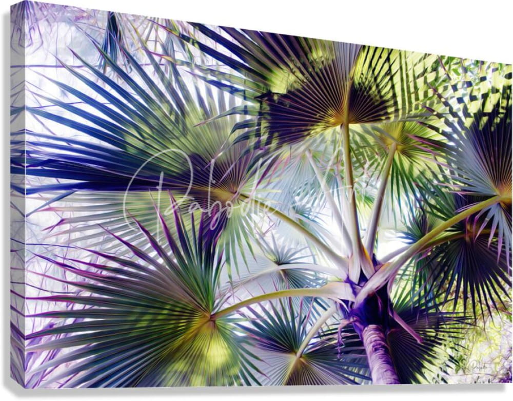 Vibrant canvas print titled Glorious Palms featuring stylized green and purple fan-shaped palm fronds on bright background