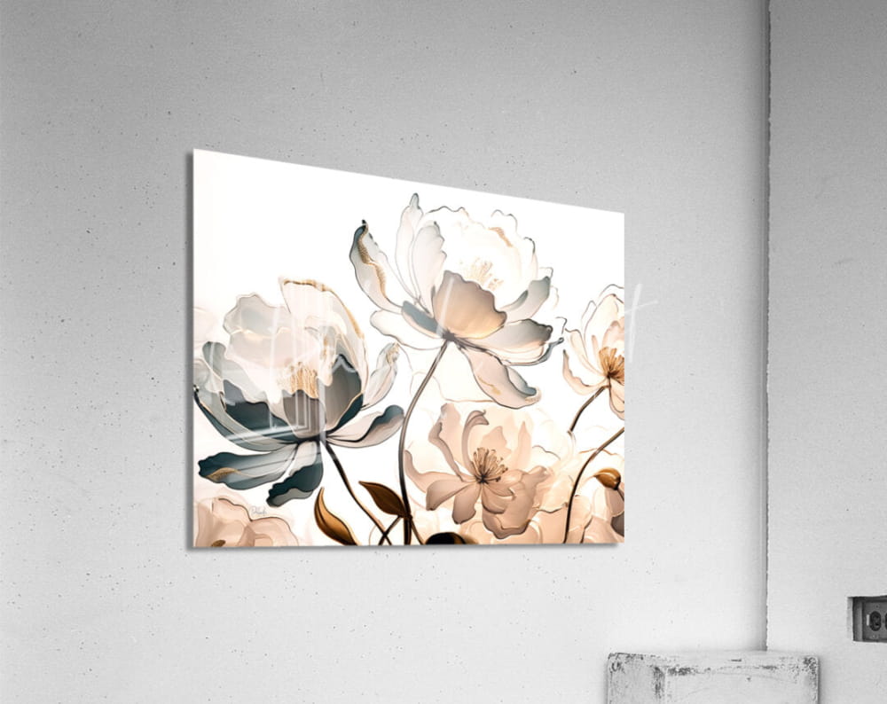A rectangular acrylic print titled golden peonies featuring delicate watercolor-style flowers in beige cream gray with gold accents