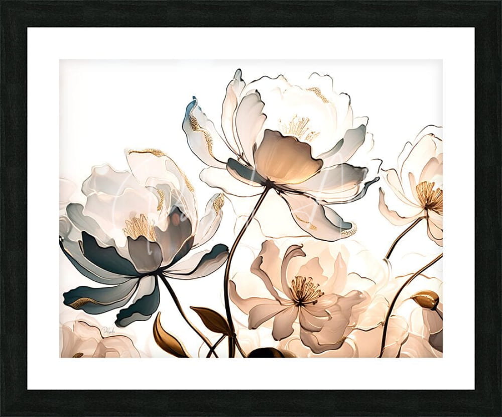 A framed artwork titled golden peonies featuring delicate cream and gray flowers with subtle gold petal accents
