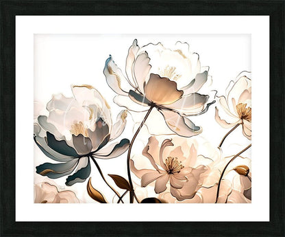 A framed artwork titled golden peonies featuring delicate cream and gray flowers with subtle gold petal accents