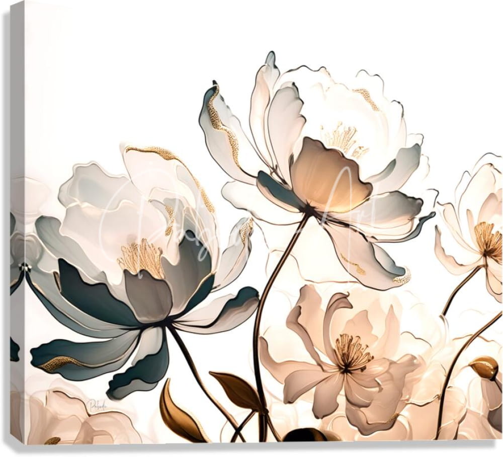 A modern canvas print titled golden peonies featuring elegant white blush pink and muted teal flowers with gold accents