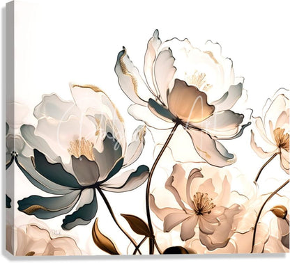 A modern canvas print titled golden peonies featuring elegant white blush pink and muted teal flowers with gold accents