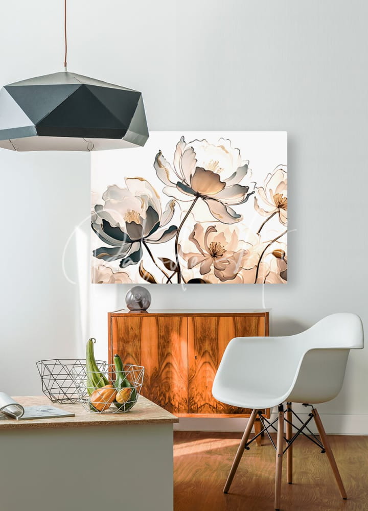 A modern canvas print golden peonies with delicate watercolor flowers in soft beige cream and muted gray tones