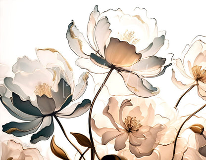 Delicate golden peonies watercolor flowers in soft white beige and muted teal with subtle gold accents on fabric product