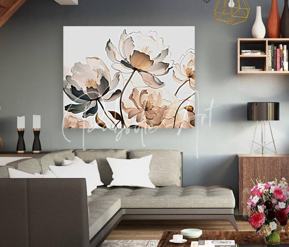 A modern canvas painting titled golden peonies featuring delicate watercolor flowers in beige and peach tones with dark green accents