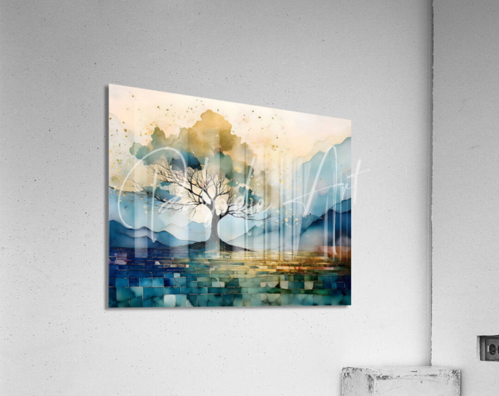 Golden tree mosaic watercolor landscape art print featuring a solitary tree with blues and golds on acrylic surface
