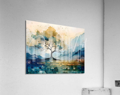 Golden tree mosaic watercolor landscape art print featuring a solitary tree with blues and golds on acrylic surface