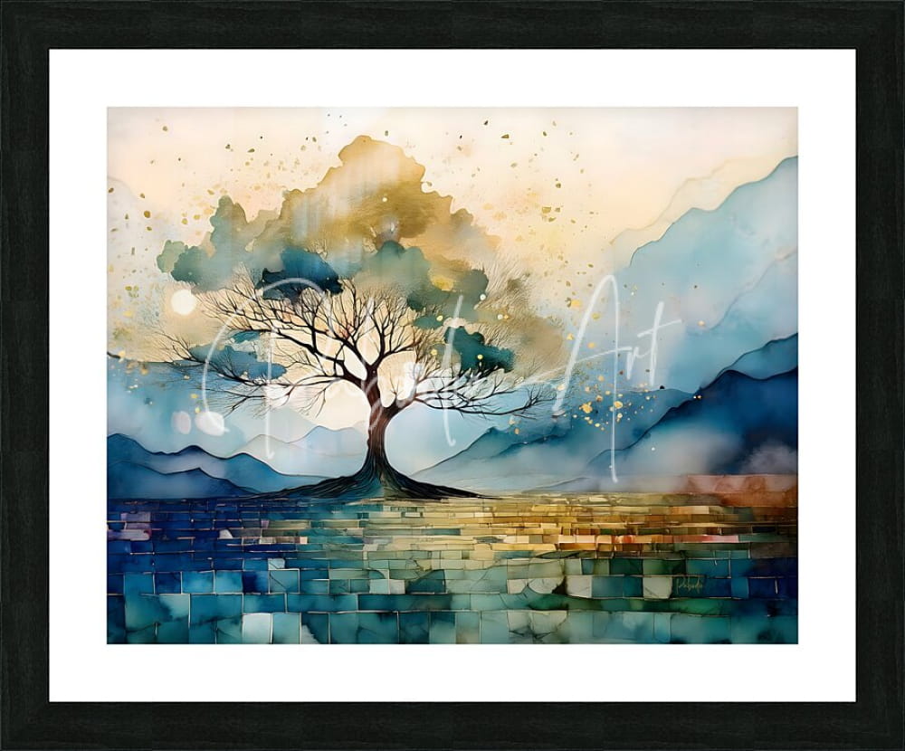 Watercolor painting titled golden tree mosaic of a solitary bare tree against blue and gold layered mountains framed in black