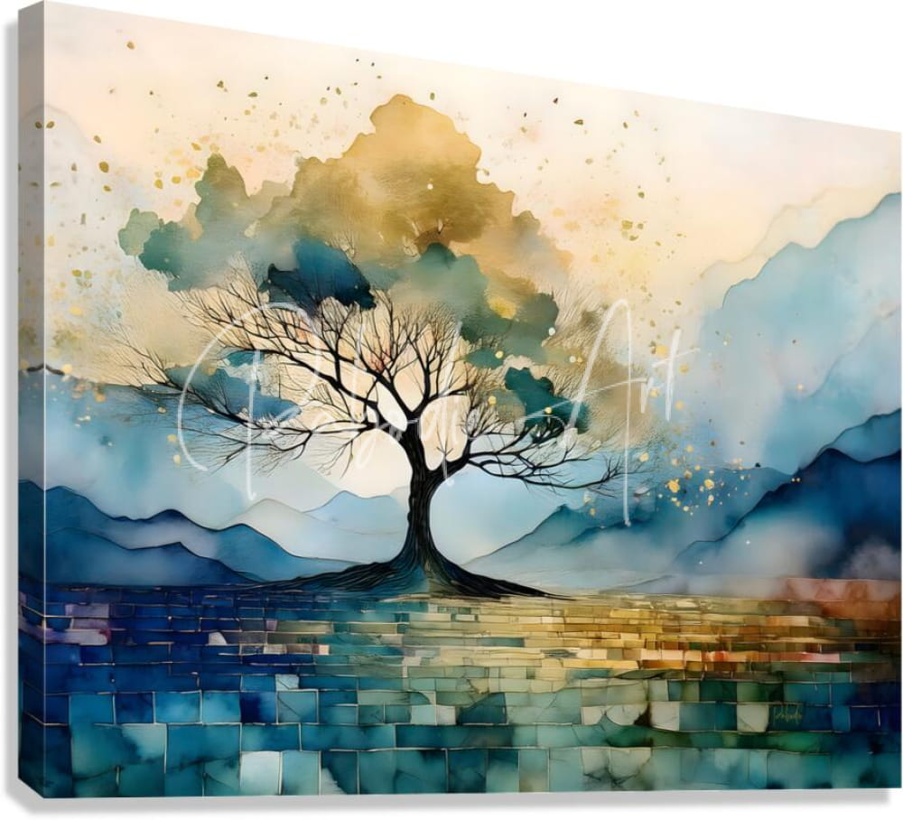 Golden tree mosaic watercolor canvas painting of a solitary bare tree against blue and gold sky over tiled ground