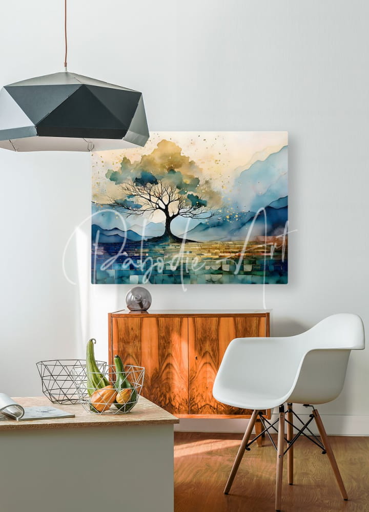Golden tree mosaic watercolor landscape painting of a solitary tree with blue green foliage on a white wall
