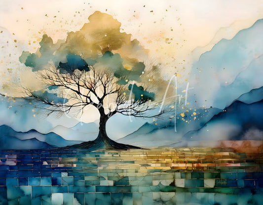 A watercolor painting titled golden tree mosaic featuring a solitary tree in soft blues and golds with mountains background