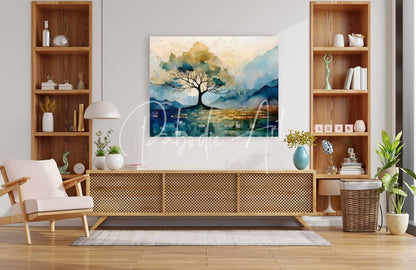 Golden Tree mosaic watercolor painting of solitary tree with teal blue and earth tones on canvas against misty mountains