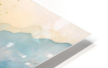 A modern abstract art print titled golden tree mosaic with pale yellow and light blue watercolor washes in a silver frame