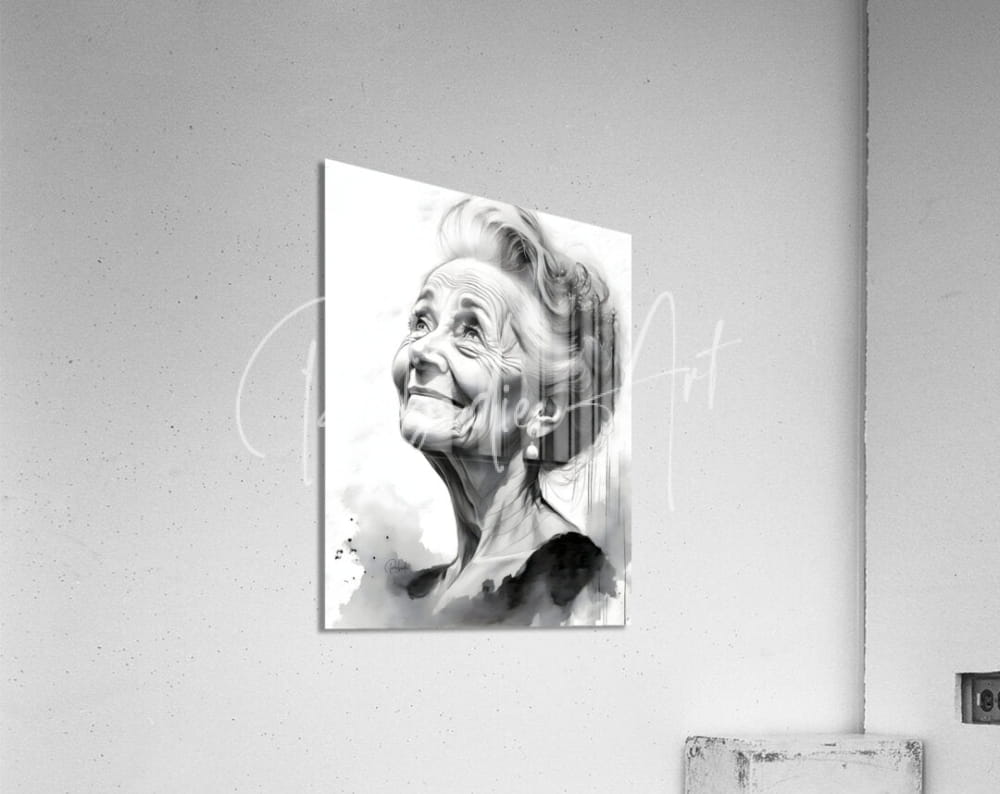 Black and white watercolor portrait of an elderly woman with styled hair mounted on a wall titled grandma