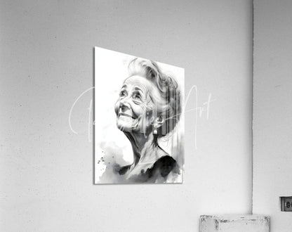 Black and white watercolor portrait of an elderly woman with styled hair mounted on a wall titled grandma