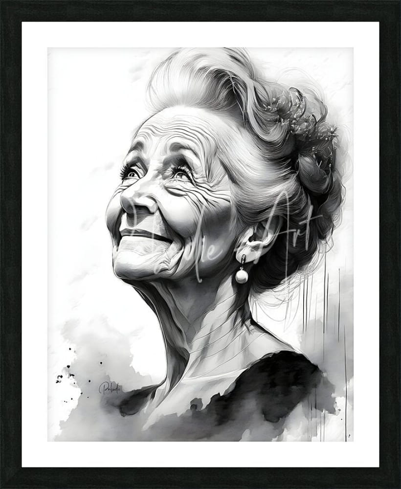 Black-framed charcoal and watercolor portrait of an elderly woman with elegant updo and pearl earrings titled grandma