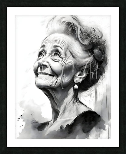 Black-framed charcoal and watercolor portrait of an elderly woman with elegant updo and pearl earrings titled grandma