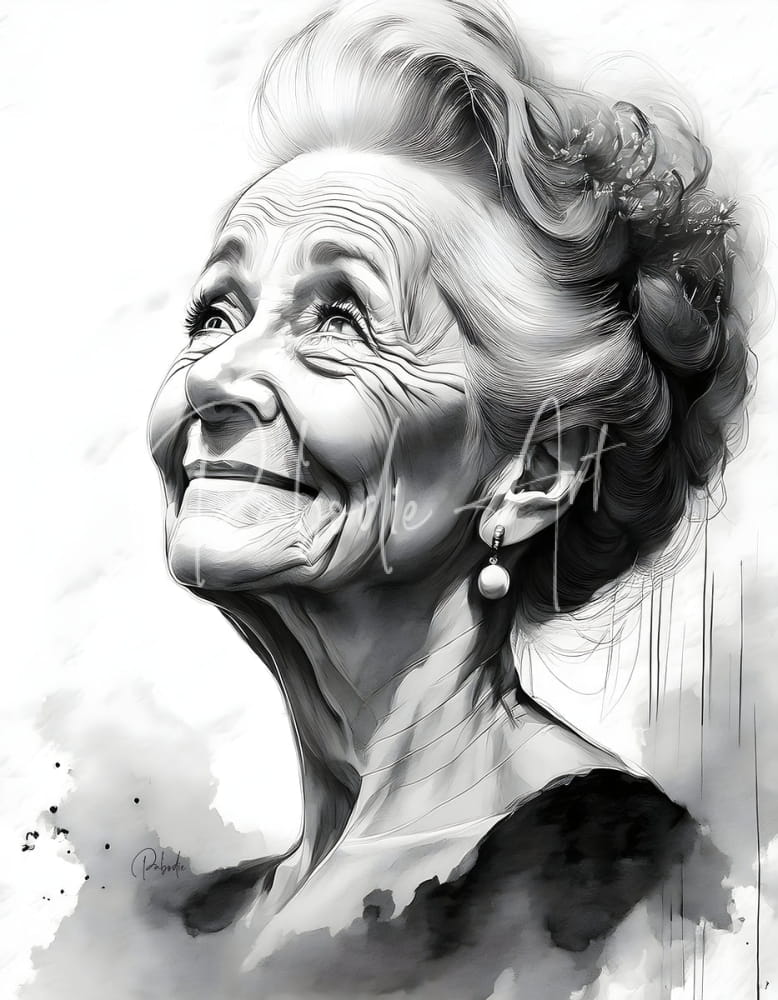 Grandma product featuring a detailed black and white sketch portrait of an elderly woman with floral hair accessory