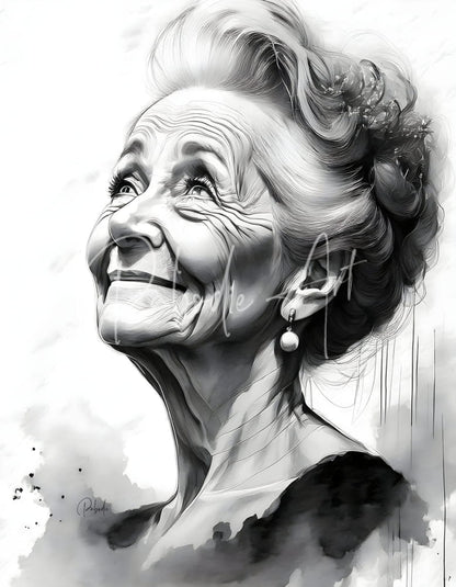 Grandma product featuring a detailed black and white sketch portrait of an elderly woman with floral hair accessory