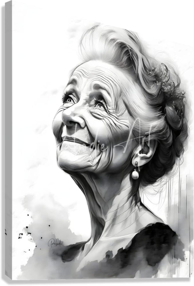Black-and-white charcoal sketch portrait of an elderly woman with elegant updo and pearl earrings on canvas titled Grandma