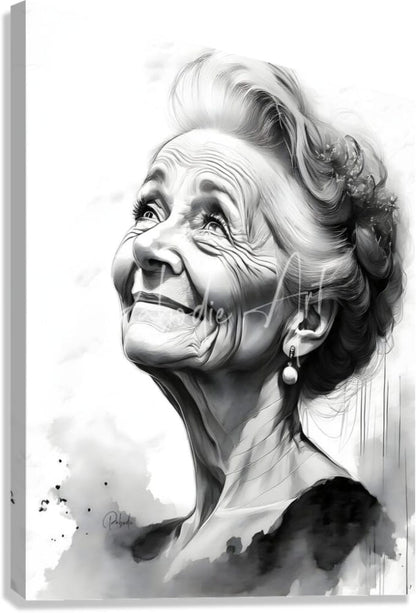 Black-and-white charcoal sketch portrait of an elderly woman with elegant updo and pearl earrings on canvas titled Grandma