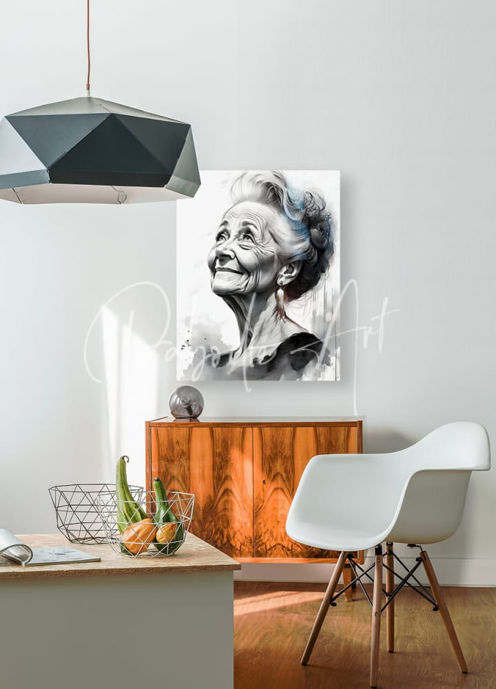 Black-and-white watercolor portrait of an elderly woman with blue hair highlights titled Grandma on white canvas