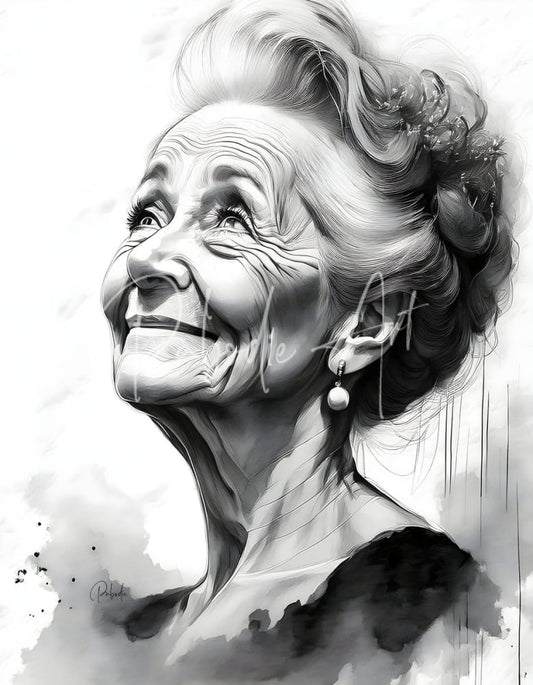 Detailed black-and-white sketch portrait of an elderly woman with styled hair and a floral accessory titled Grandma