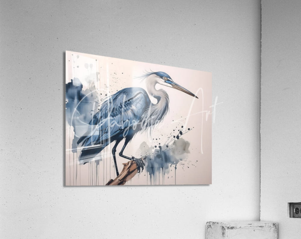 Great blue heron ink wash acrylic print featuring a blue and gray watercolor heron on a branch mounted on acrylic