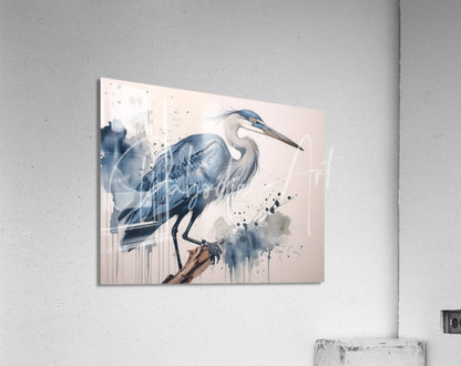 Great blue heron ink wash acrylic print featuring a blue and gray watercolor heron on a branch mounted on acrylic