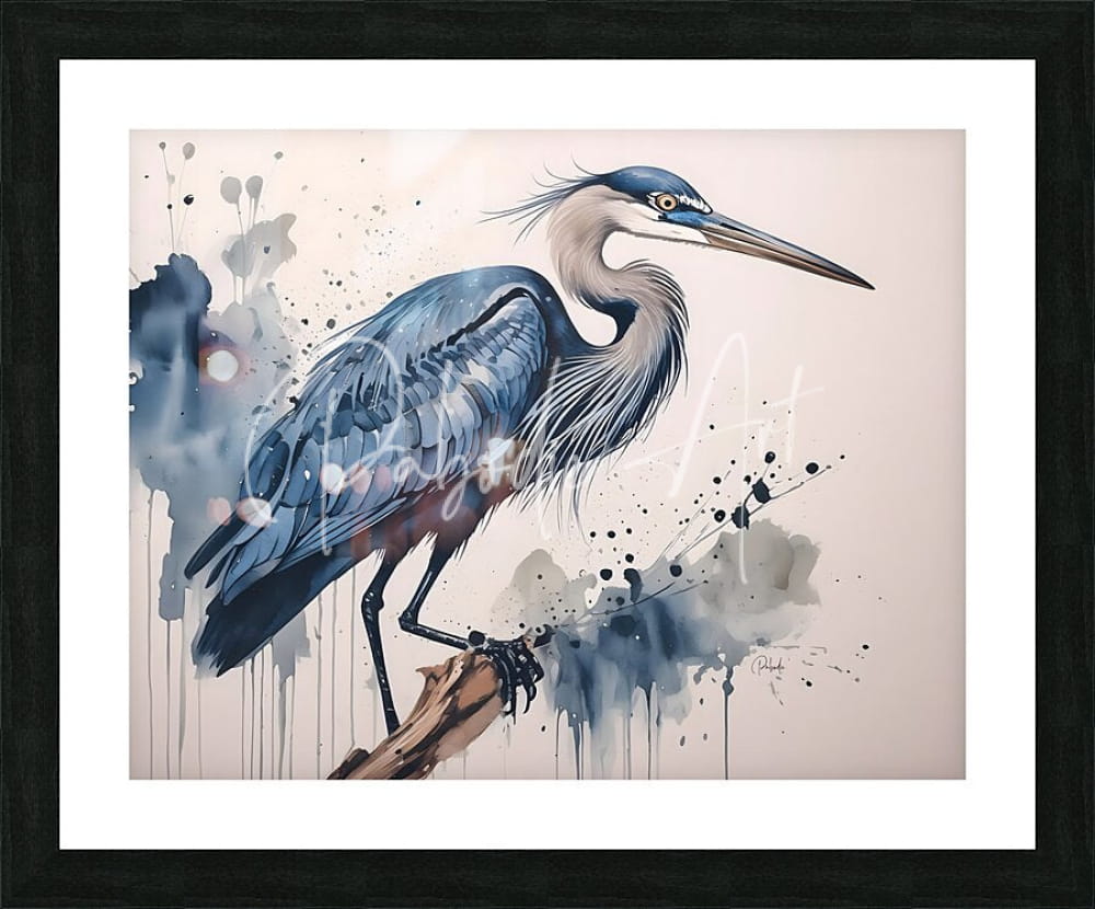 Framed artwork titled great blue heron ink wash featuring a detailed blue and gray heron with splattered ink effects
