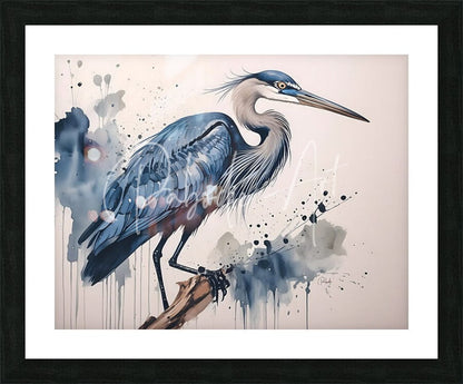 Framed artwork titled great blue heron ink wash featuring a detailed blue and gray heron with splattered ink effects