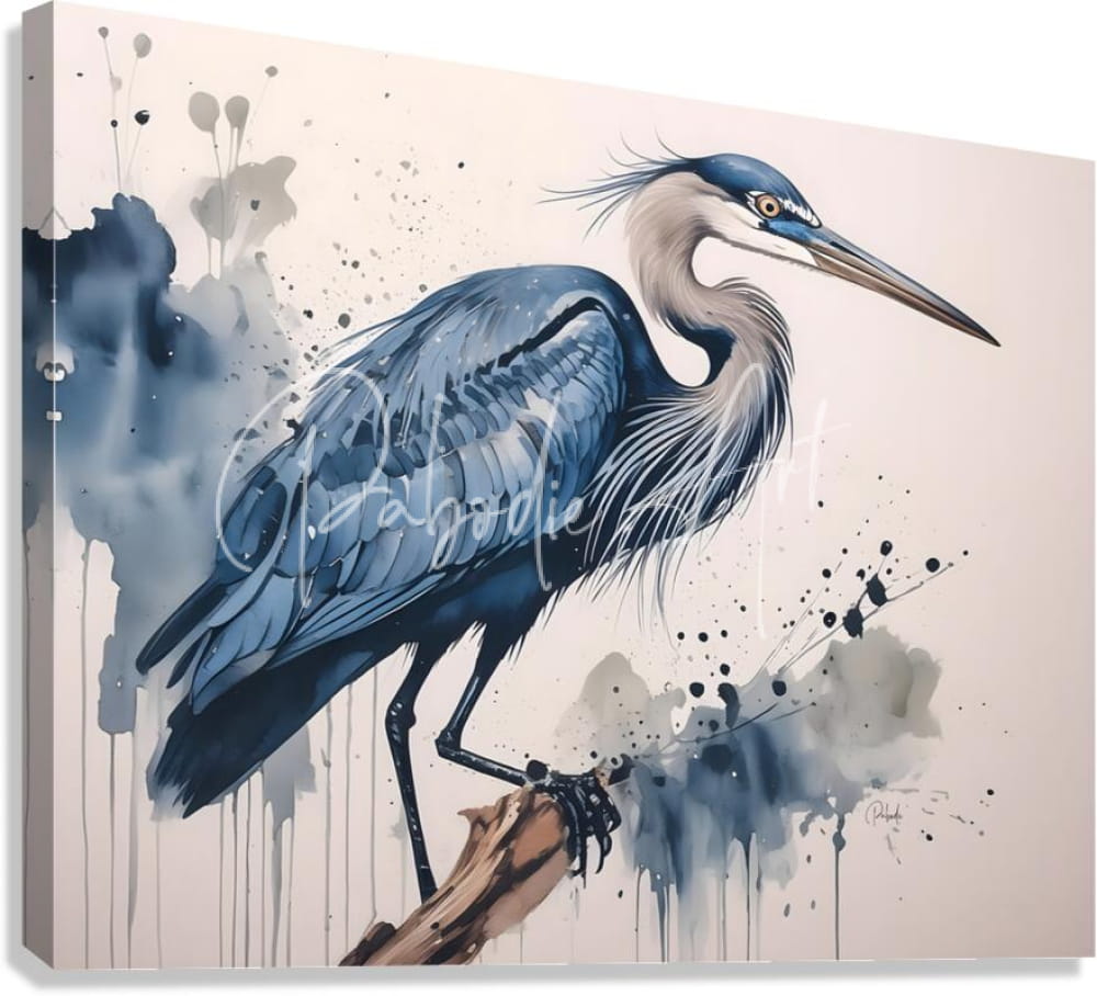 Great blue heron ink wash painting of a blue and gray heron on canvas with watercolor splatter background