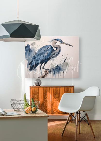 A watercolor painting wall art of a blue heron with ink wash accents on a light pink background titled great blue heron ink wash
