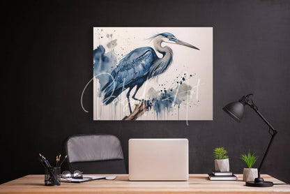 Blue watercolor painting of a great blue heron on canvas in ink wash style perfect for art decor