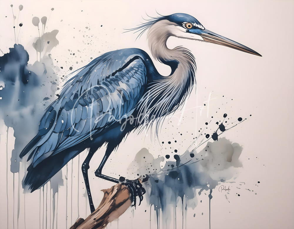A watercolor painting of a blue heron with detailed feathering and splattered ink accents titled Great Blue Heron Ink Wash