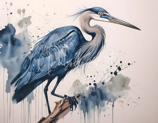 A watercolor painting of a blue heron with detailed feathering and splattered ink accents titled Great Blue Heron Ink Wash