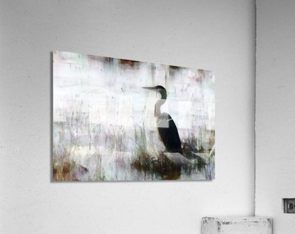 Black cormorant silhouette on textured white and gray acrylic wall art panel titled great blue heron in the shallows