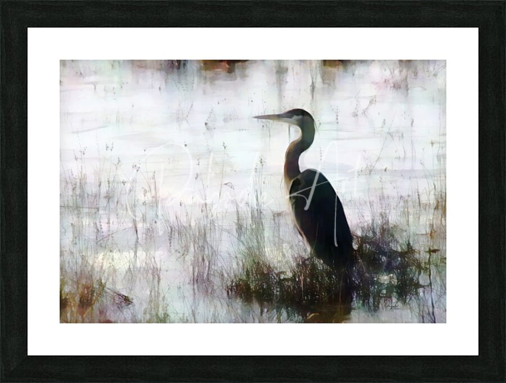 Black-framed art print of a stylized great blue heron with dark plumage on an abstract watercolor background