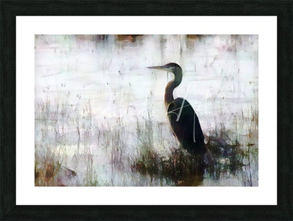 Black-framed art print of a stylized great blue heron with dark plumage on an abstract watercolor background