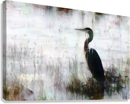 A canvas print of a dark heron silhouette standing in tall grass titled great blue heron in the shallows