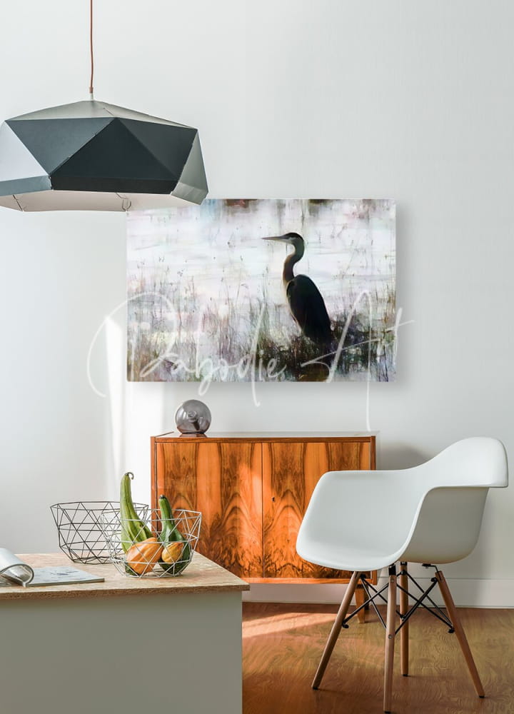 Black and white abstract canvas print of a great blue heron hanging on the wall titled great blue heron in the shallows