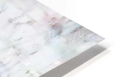 A sleek rectangular acrylic plaque with white gray marble and pink veining featuring great blue heron in the shallows