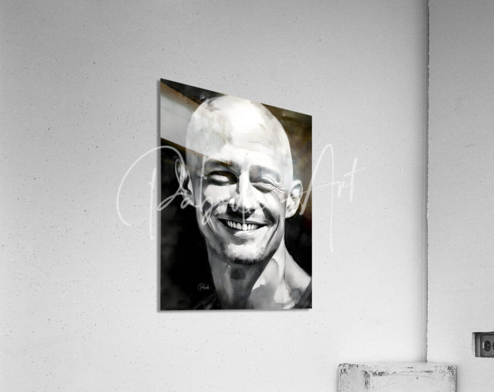 Black-and-white portrait print of a smiling bald man with subtle shading mounted on acrylic titled happiness