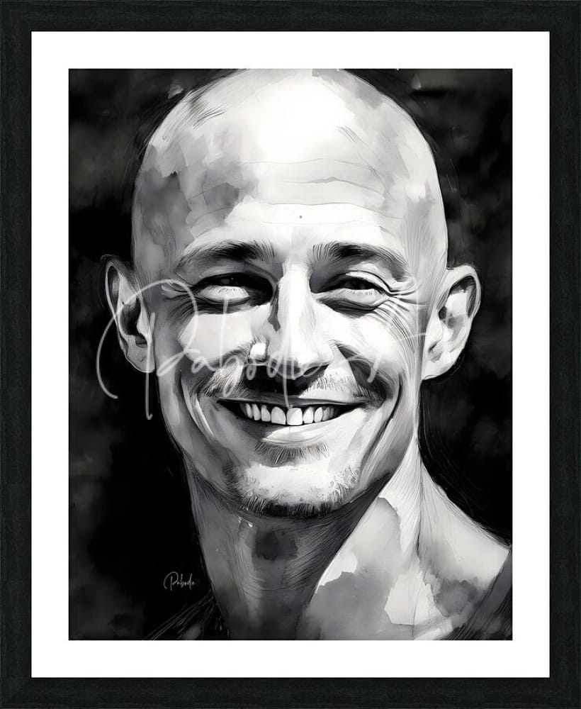 Black and white watercolor portrait of a smiling bald man in a black frame with white mat titled happiness